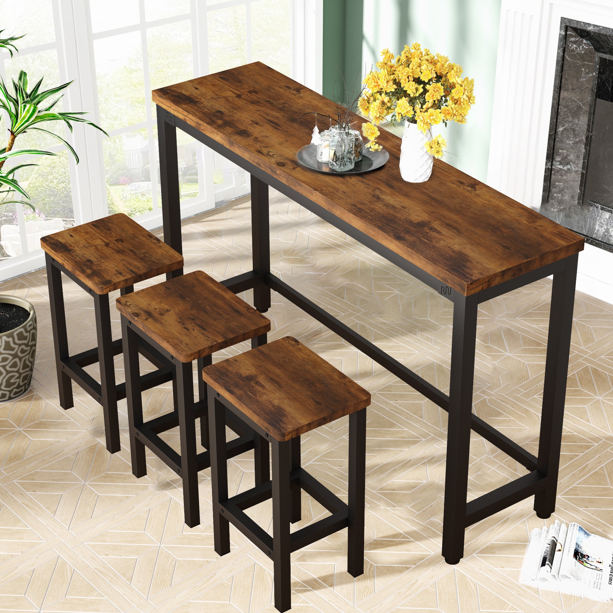 Small Kitchen Table Set for 3, Modern Dining Room Table Set with 3 Stools, Extra Long Bar Table Set, Wooden Pub Table, and Chairs Set, Saving Space Patio Restaurant Bistro Table Set, Brown