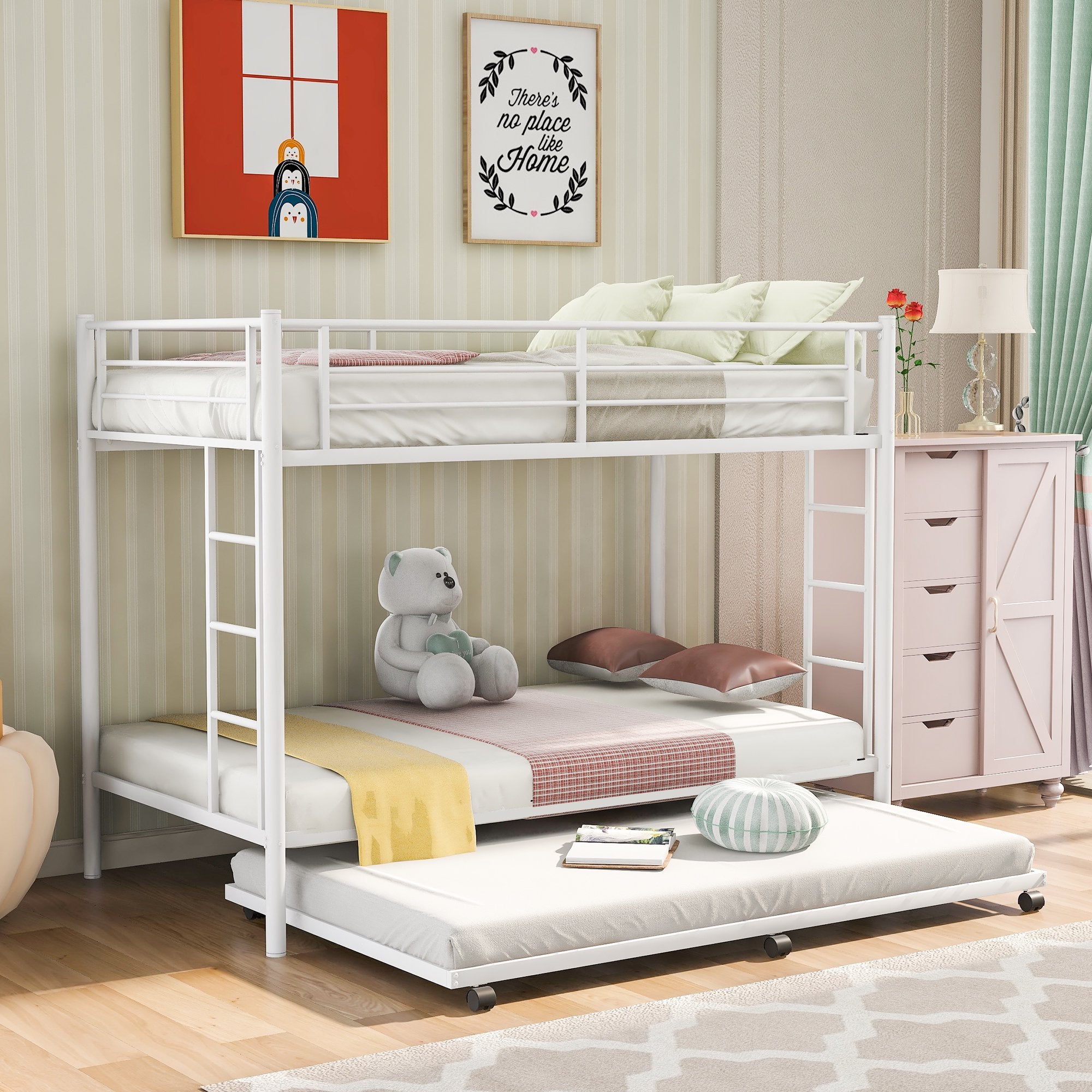 Bunk Bed with Roll Out Trundle Bed Frame, Metal Bunk Bed can be Divided into Two Twin Beds, Trundle Twin Bunk Bed with Ladders and Guardrails for Guest Room, Space Saving Bedroom Furniture