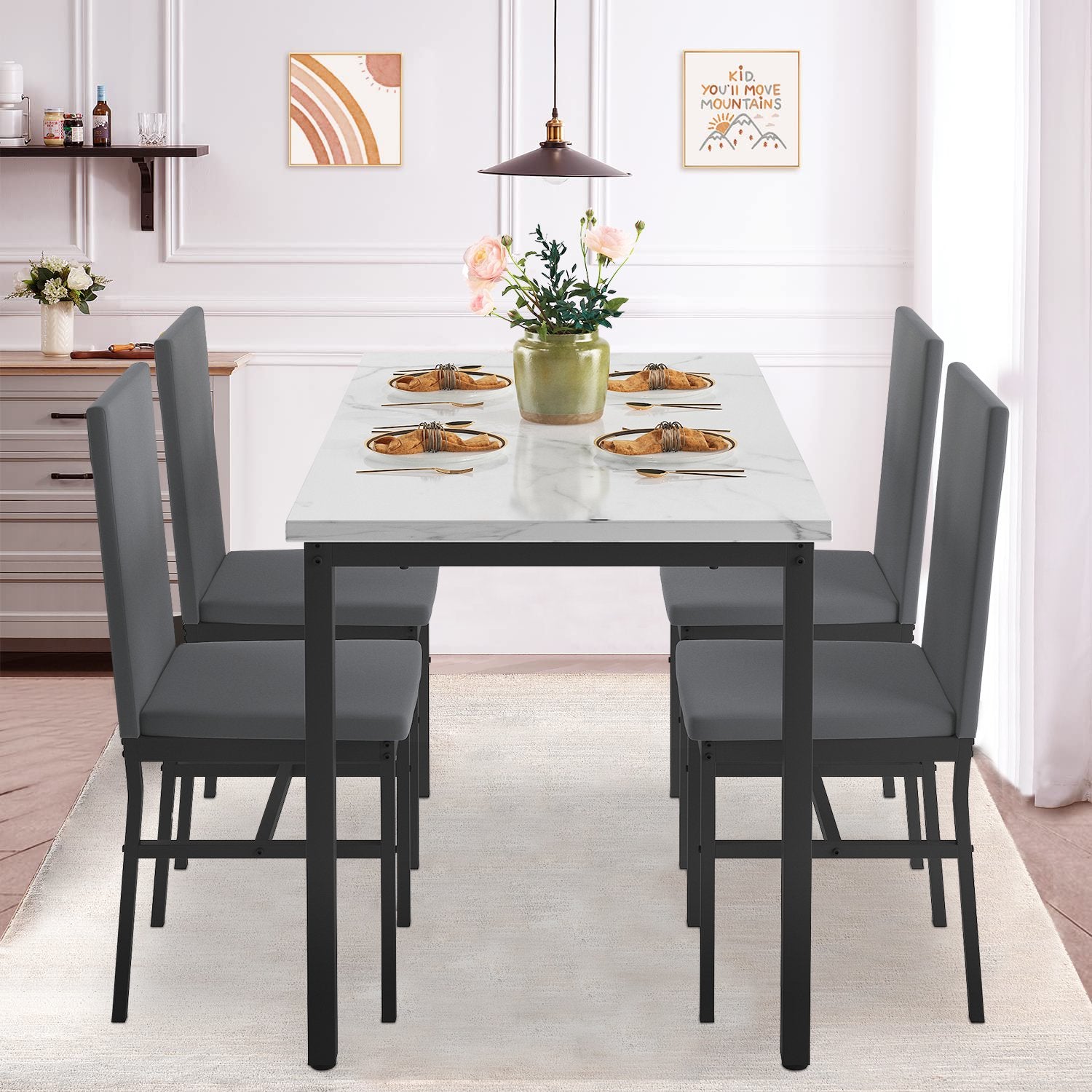 Dining Table Set, 5 Piece Dining Room Table Set for Small Spaces, Kitchen Table and 4 Chairs, Rectangular Modern Bistro Table Set, Steel Frame, Easy to Assemble, B1411