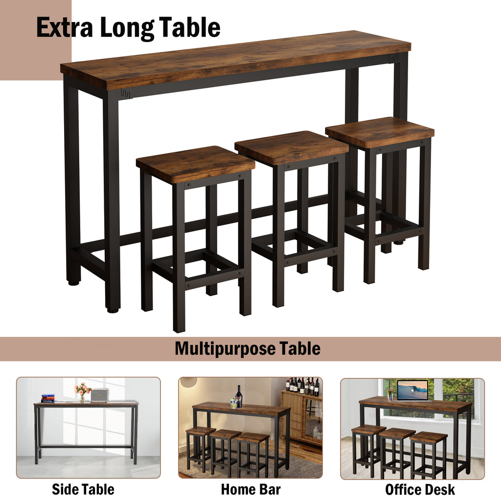 Small Kitchen Table Set for 3, Modern Dining Room Table Set with 3 Stools, Extra Long Bar Table Set, Wooden Pub Table, and Chairs Set, Saving Space Patio Restaurant Bistro Table Set, Brown