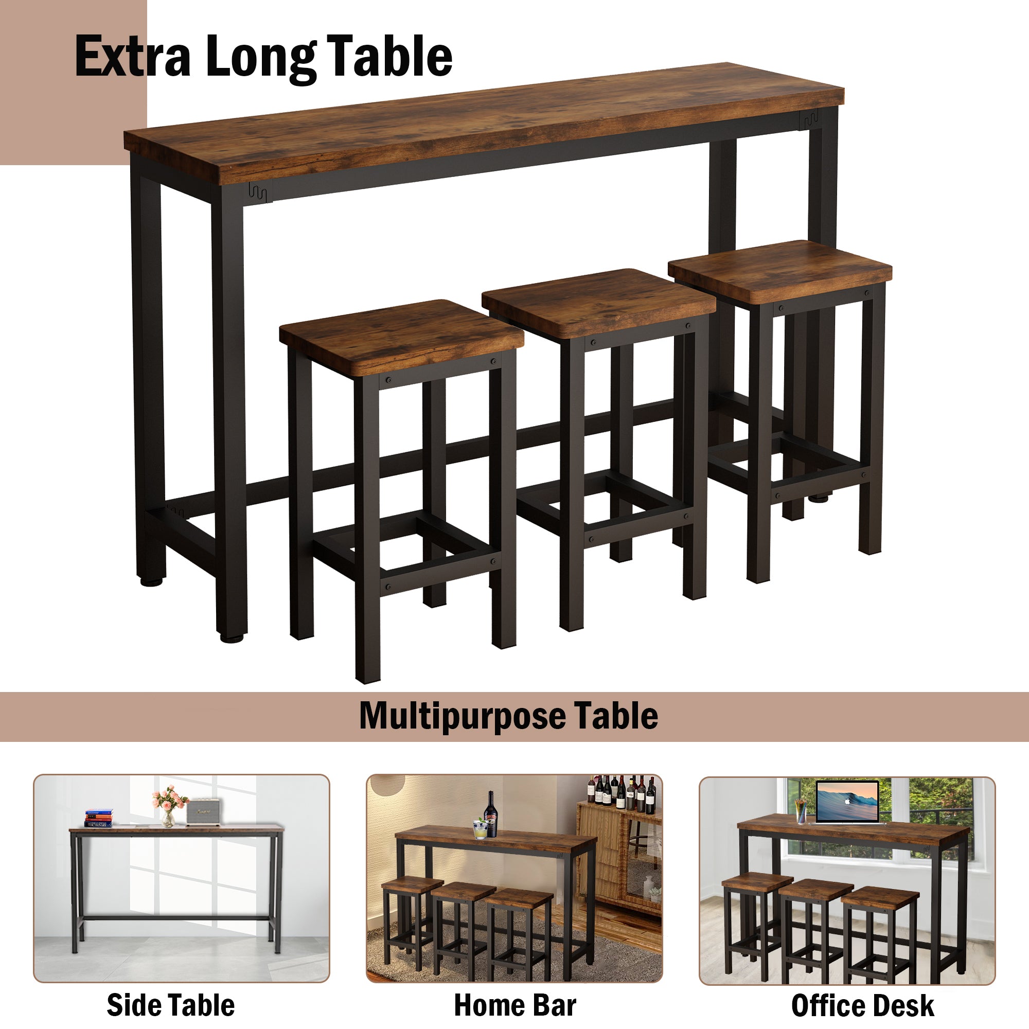 Small Kitchen Table Set for 3, Modern Dining Room Table Set with 3 Stools, Extra Long Bar Table Set, Wooden Pub Table, and Chairs Set, Saving Space Patio Restaurant Bistro Table Set, Brown