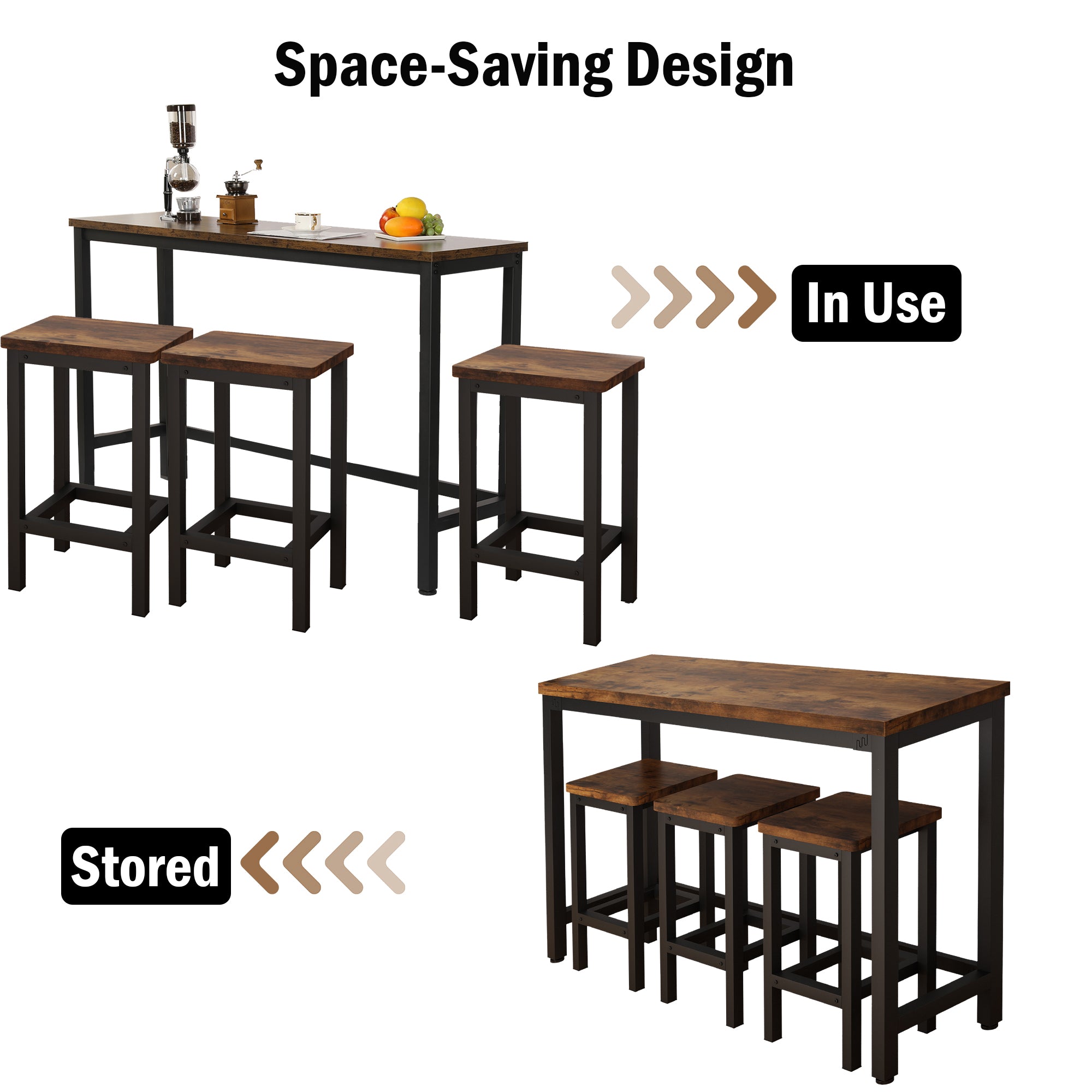 Small Kitchen Table Set for 3, Modern Dining Room Table Set with 3 Stools, Extra Long Bar Table Set, Wooden Pub Table, and Chairs Set, Saving Space Patio Restaurant Bistro Table Set, Brown