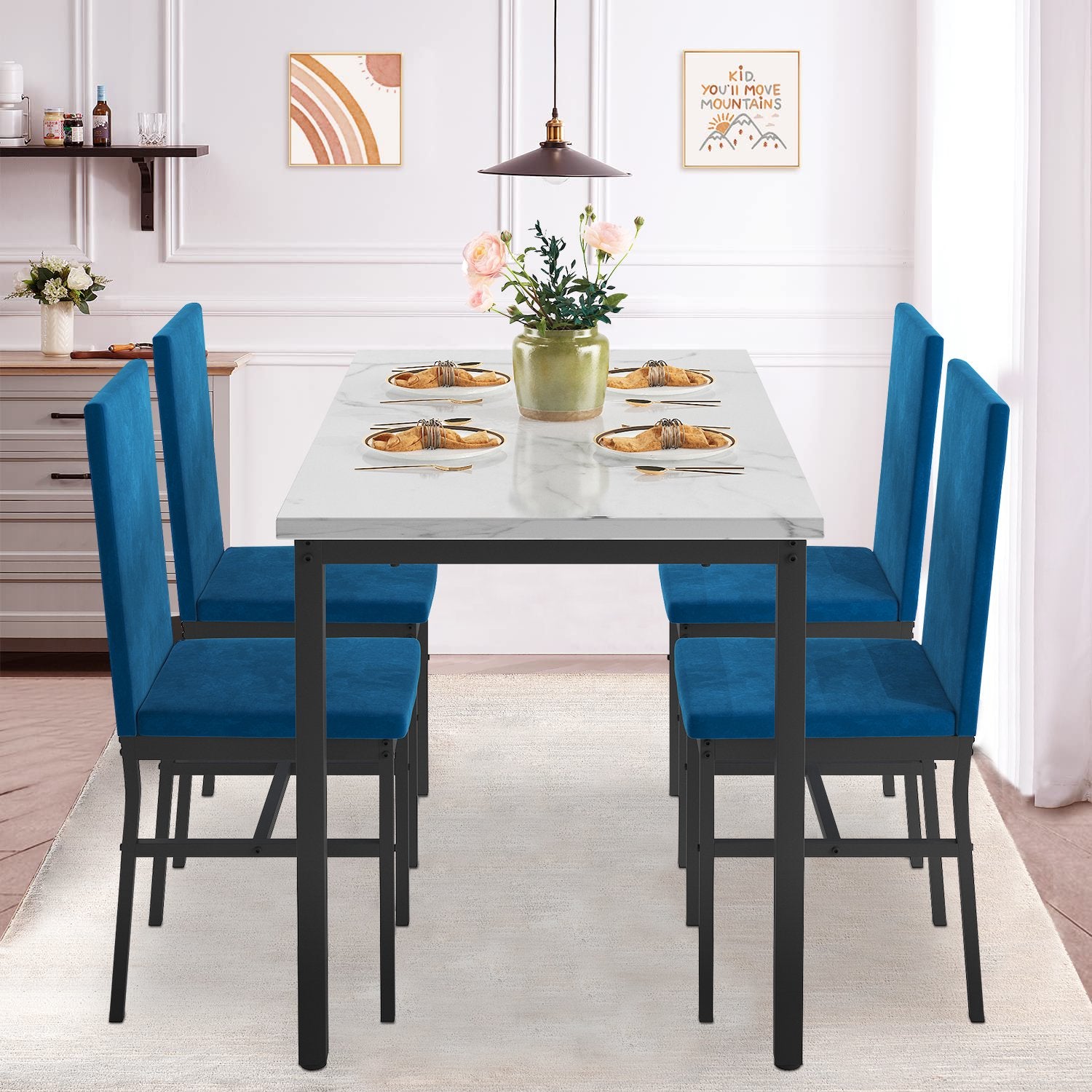 Dining Table Set, 5 Piece Dining Room Table Set for Small Spaces, Kitchen Table and 4 Chairs, Rectangular Modern Bistro Table Set, Steel Frame, Easy to Assemble, B1411