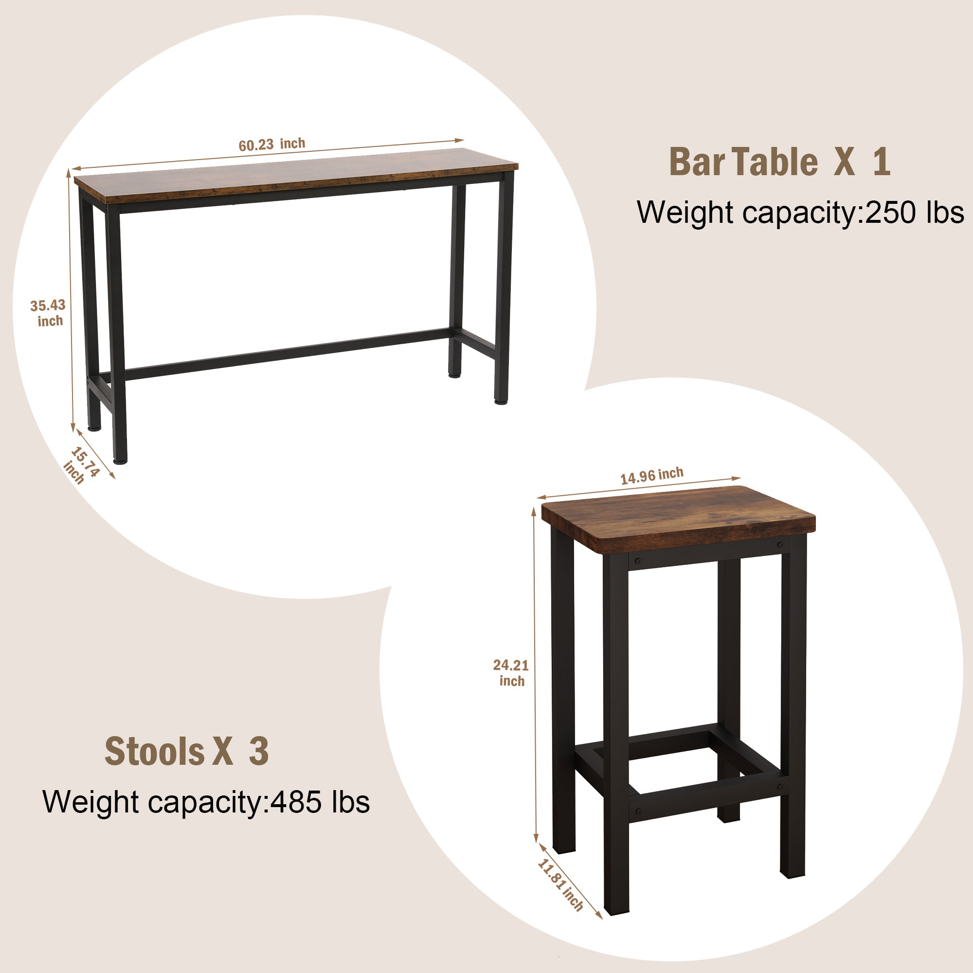 Small Kitchen Table Set for 3, Modern Dining Room Table Set with 3 Stools, Extra Long Bar Table Set, Wooden Pub Table, and Chairs Set, Saving Space Patio Restaurant Bistro Table Set, Brown
