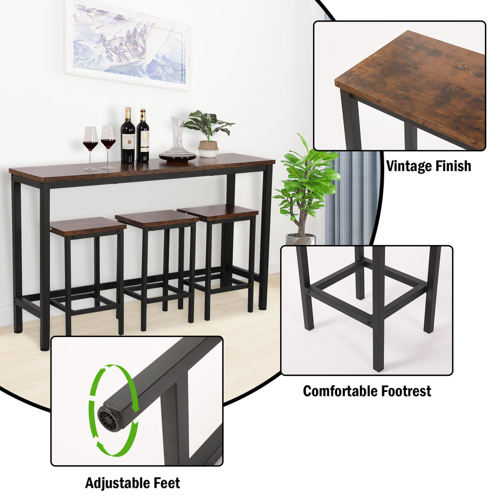 Small Kitchen Table Set for 3, Modern Dining Room Table Set with 3 Stools, Extra Long Bar Table Set, Wooden Pub Table, and Chairs Set, Saving Space Patio Restaurant Bistro Table Set, Brown