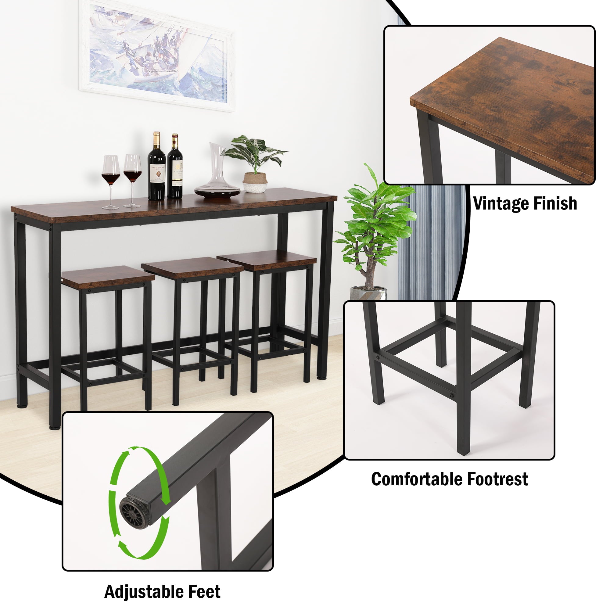 Small Kitchen Table Set for 3, Modern Dining Room Table Set with 3 Stools, Extra Long Bar Table Set, Wooden Pub Table, and Chairs Set, Saving Space Patio Restaurant Bistro Table Set, Brown