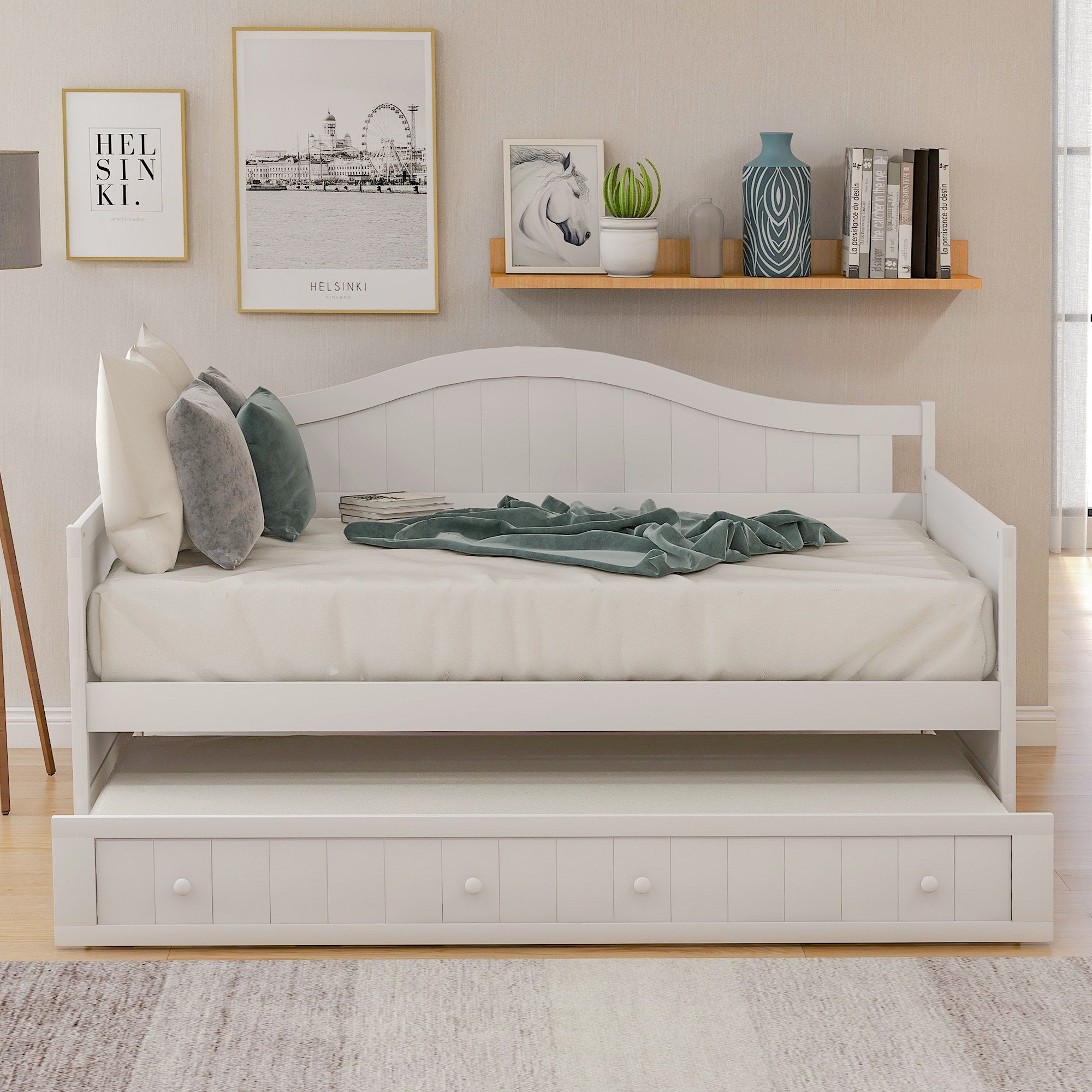 Enyopro Wooden Daybed Trundle, Platform Bed Frame with Headboard Footboard, Standard Twin, for Kids Room/Living Room/Guest Room, Easy Assembly - Mattresses No Included, B2027