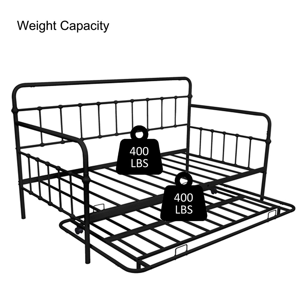 Premium Daybed Metal Bed Frame, Twin Size Bed with Trundle, Daybed and Roll Out Trundle for Kids Room Guest Room Apartment, Easy Assembly, Mattresses Sold Separately - Black