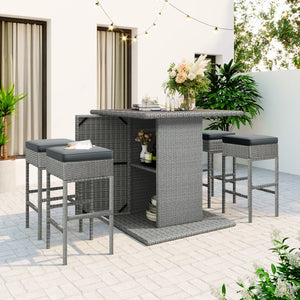 5-Piece Outdoor Dining Set, Counter Height Table Set with Chairs, Patio Rattan Bar Dining Set with Table and Bar Stools, Patio Wicker Furniture Conversation Set for Garden, Balcony, Pool