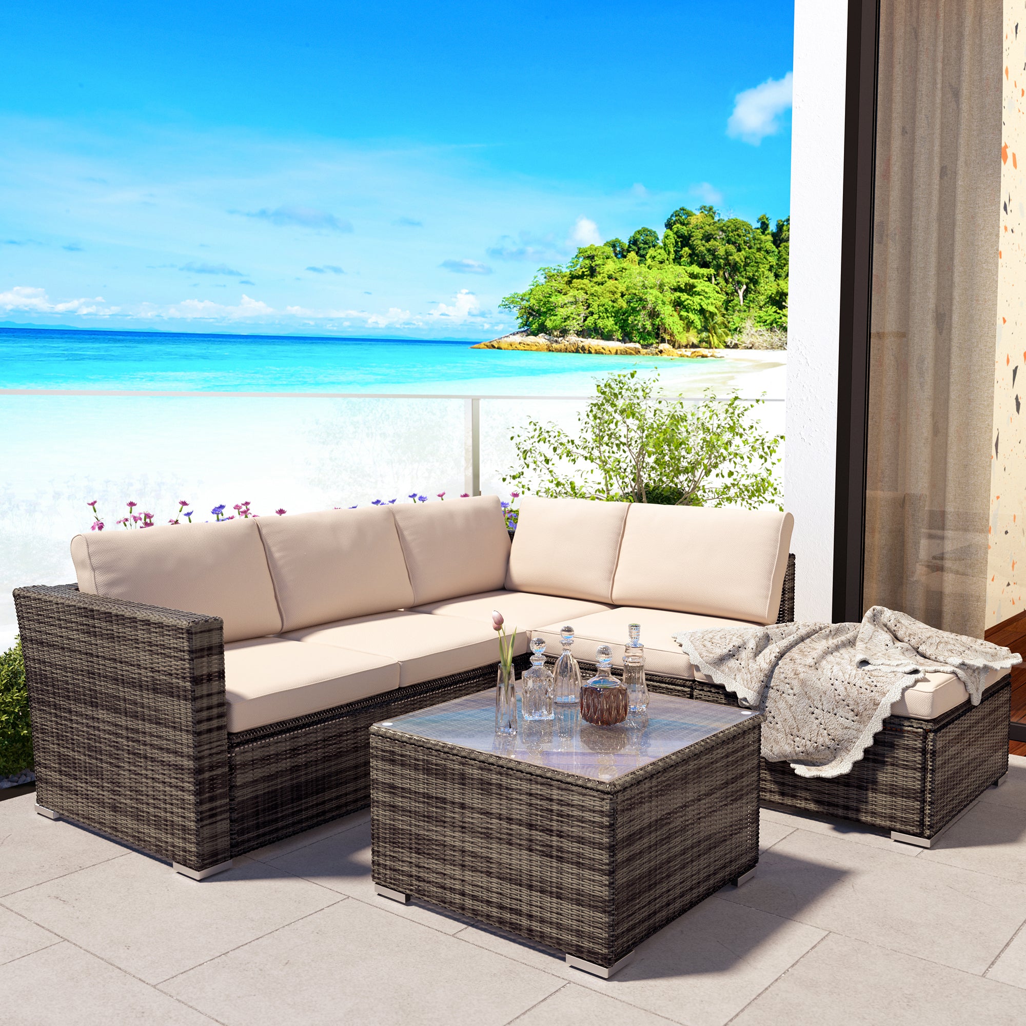 Outdoor Rattan Conversation Set, 4 Pieces Wicker Chairs Set, Outdoor Seating Set with Soft Cushions & Tempered Glass Coffee Table, Outdoor Patio Chairs for Deck Balcony Lawn