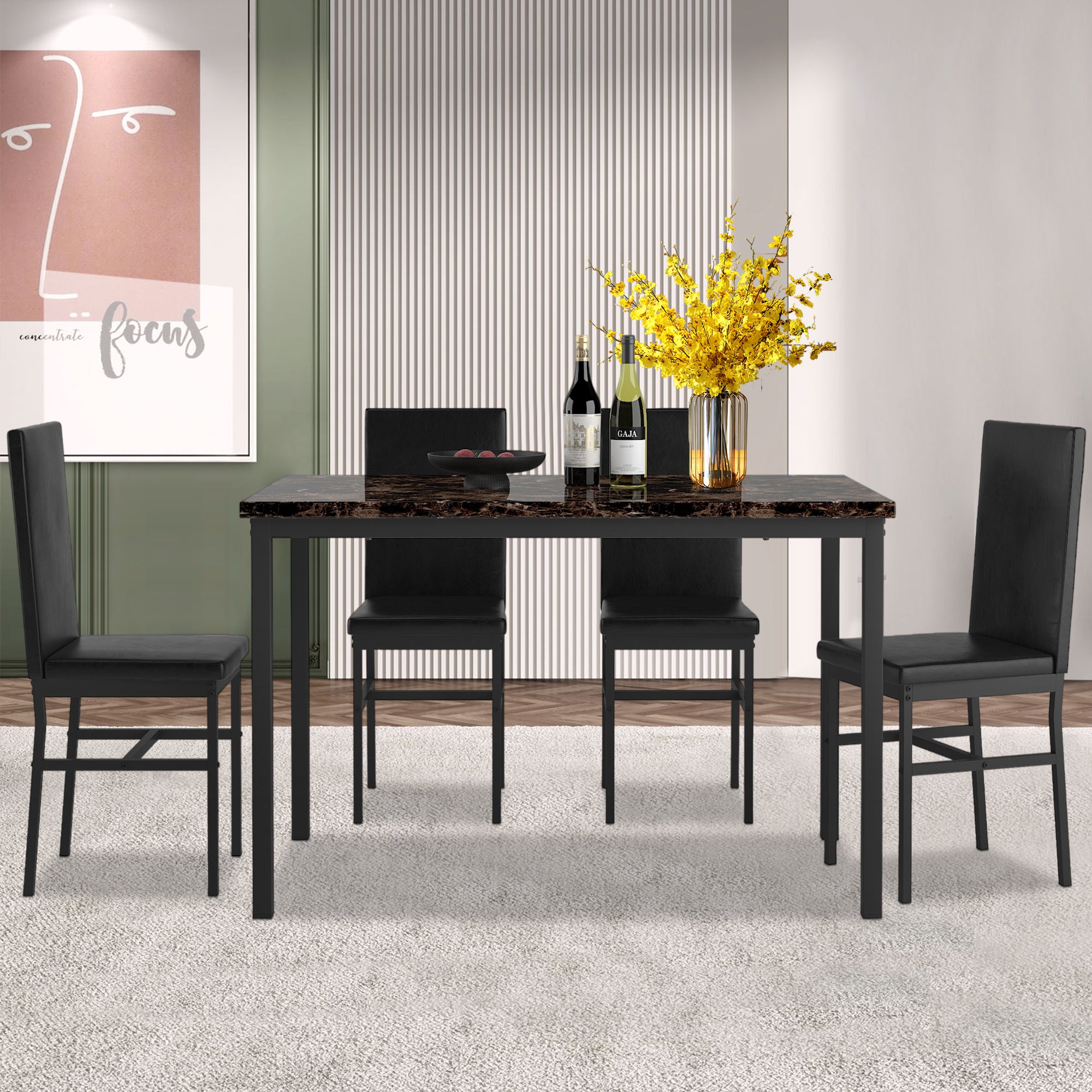 Kitchen Dining Table Set for 4, 5 Piece Dine Set, 30.7" Height Dining Table, 4 PU Soft Chairs, Modern Kitchen Table and Chairs Set, Black Kitchen Sets for Home Restaurant Pub