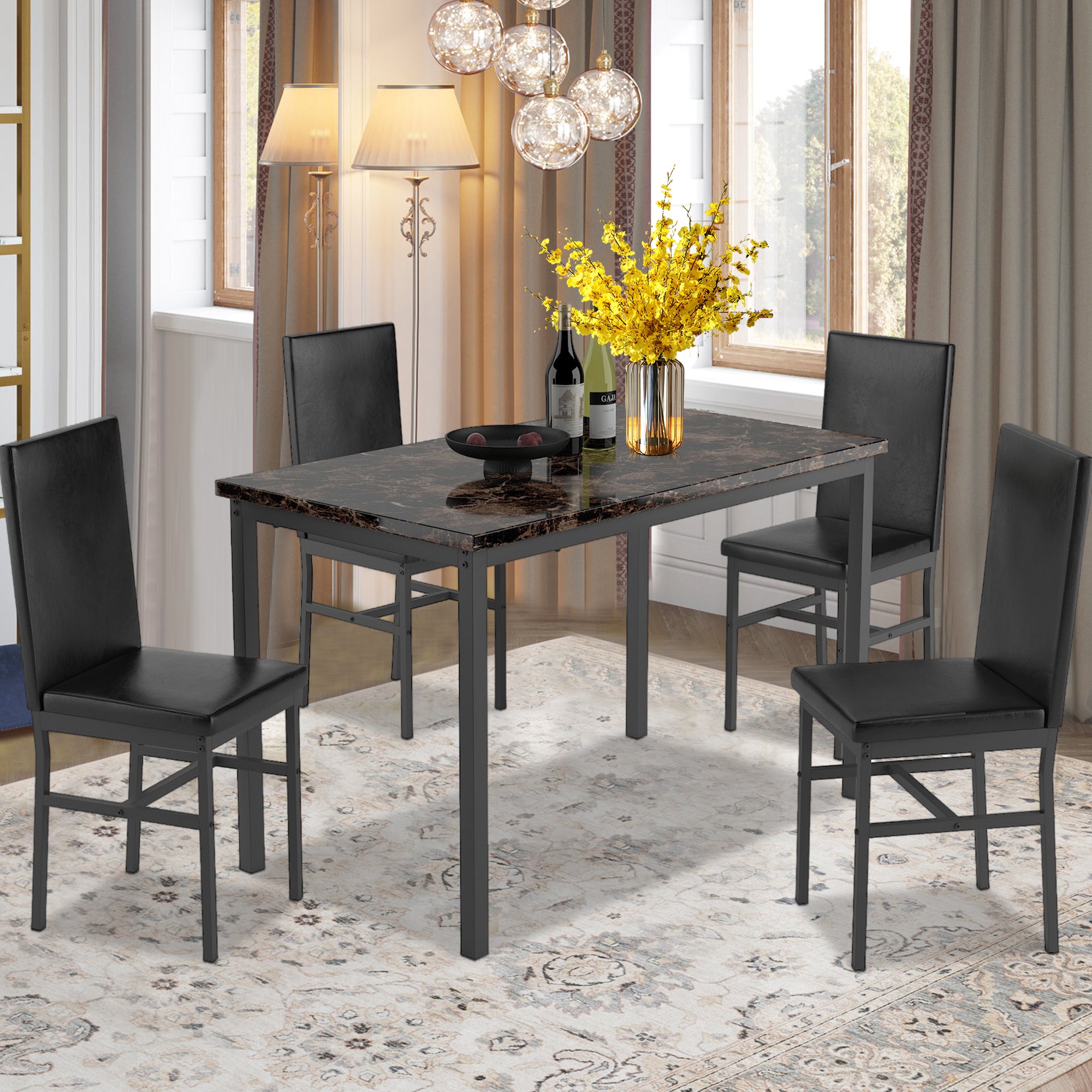 Kitchen Dining Table Set for 4, 5 Piece Dine Set, 30.7" Height Dining Table, 4 PU Soft Chairs, Modern Kitchen Table and Chairs Set, Black Kitchen Sets for Home Restaurant Pub