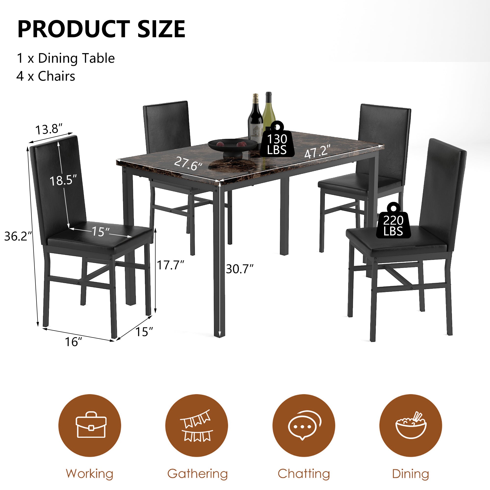 Kitchen Dining Table Set for 4, 5 Piece Dine Set, 30.7" Height Dining Table, 4 PU Soft Chairs, Modern Kitchen Table and Chairs Set, Black Kitchen Sets for Home Restaurant Pub