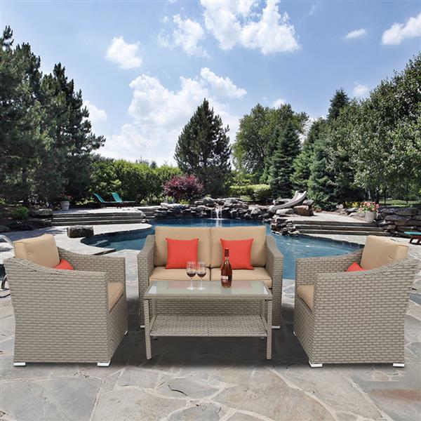 Wide Rattan Double Contiguous Rattan 4-Piece Suit 1 Double 2 Single 1 Double Coffee Table Gray