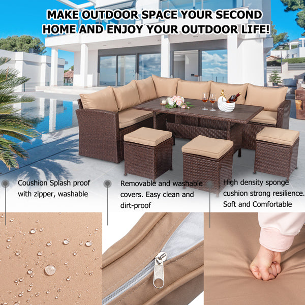 Eight-Piece Set Outdoor Rattan Dining Table And Chair Brown Wood Grain Rattan
