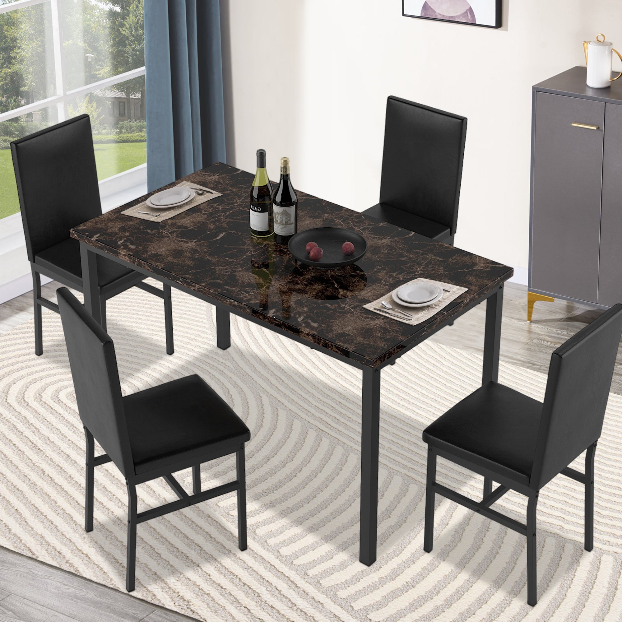 Kitchen Dining Table Set for 4, 5 Piece Dine Set, 30.7" Height Dining Table, 4 PU Soft Chairs, Modern Kitchen Table and Chairs Set, Black Kitchen Sets for Home Restaurant Pub