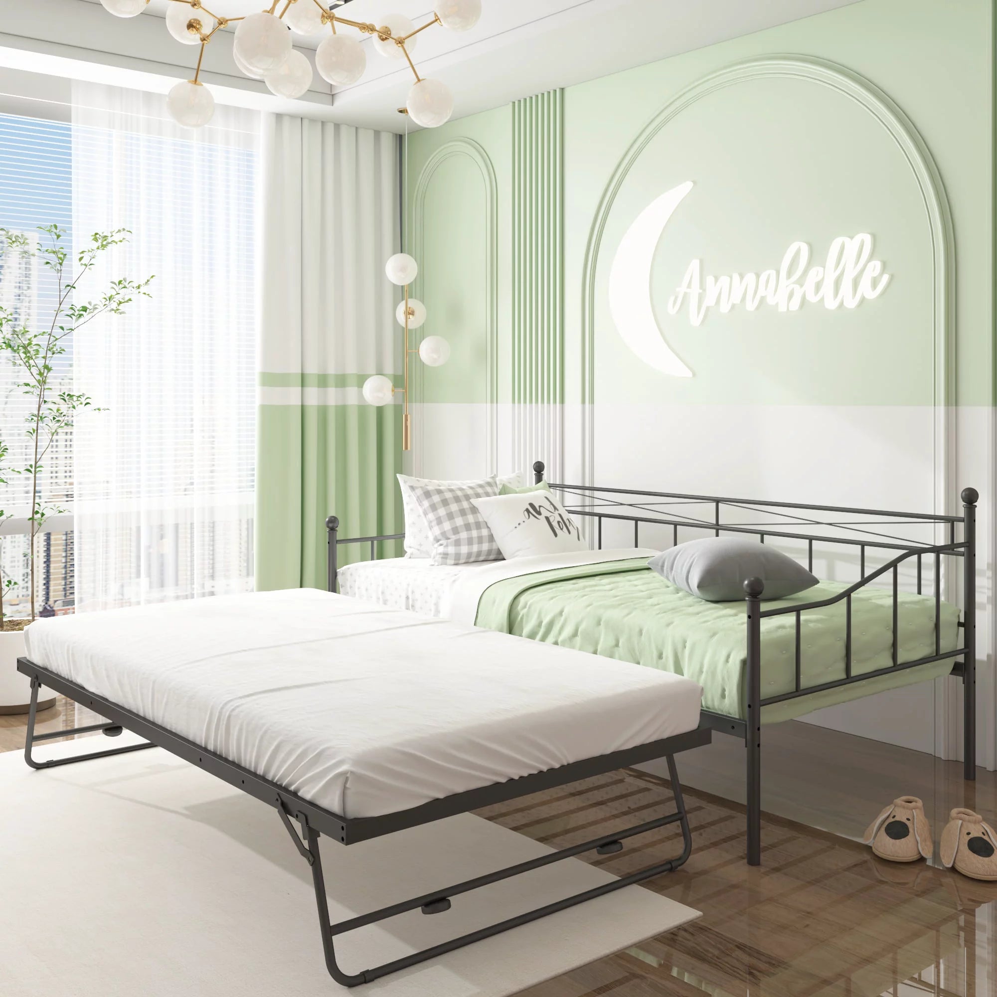 ENYOPRO Premium Daybed Metal Bed Frame, Twin Size Bed with Trundle, Daybed and Roll Out Trundle for Kids Room Guest Room Apartment, Easy Assembly, Mattresses Sold Separately, K213