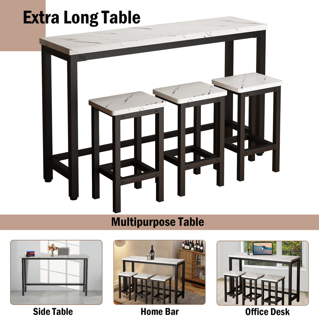 Small Kitchen Table Set for 3, Modern Dining Room Table Set with 3 Stools, Extra Long Bar Table Set, Wooden Pub Table, and Chairs Set, Saving Space Patio Restaurant Bistro Table Set, Brown