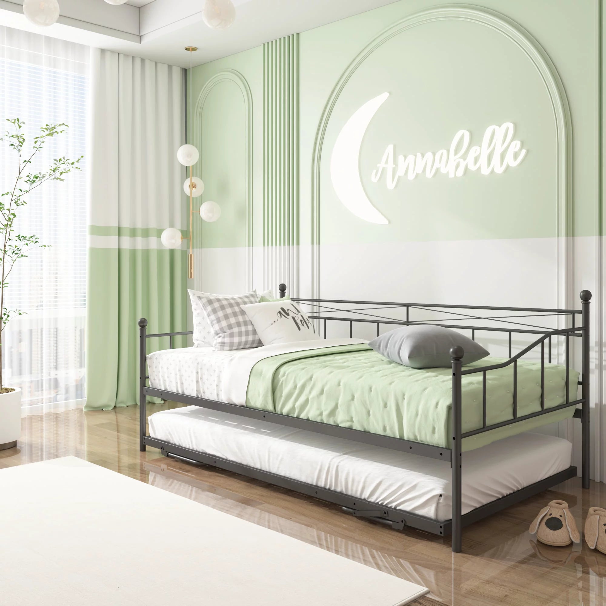 ENYOPRO Premium Daybed Metal Bed Frame, Twin Size Bed with Trundle, Daybed and Roll Out Trundle for Kids Room Guest Room Apartment, Easy Assembly, Mattresses Sold Separately, K213