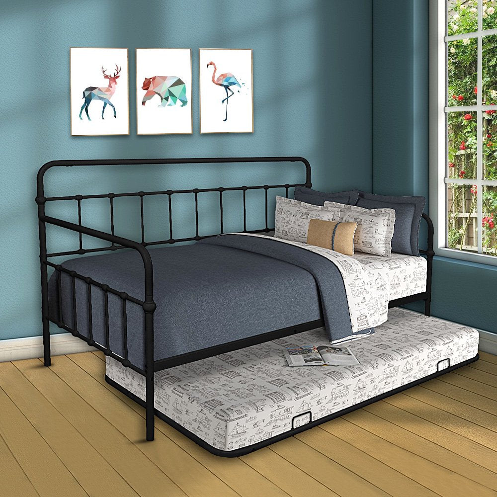 ENYOPRO Premium Daybed Metal Bed Frame, Twin Size Bed with Trundle, Daybed and Roll Out Trundle for Kids Room Guest Room Apartment, Easy Assembly, Mattresses Sold Separately, K213