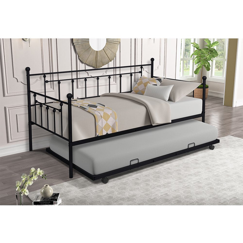 ENYOPRO Premium Daybed Metal Bed Frame, Twin Size Bed with Trundle, Daybed and Roll Out Trundle for Kids Room Guest Room Apartment, Easy Assembly, Mattresses Sold Separately, K213