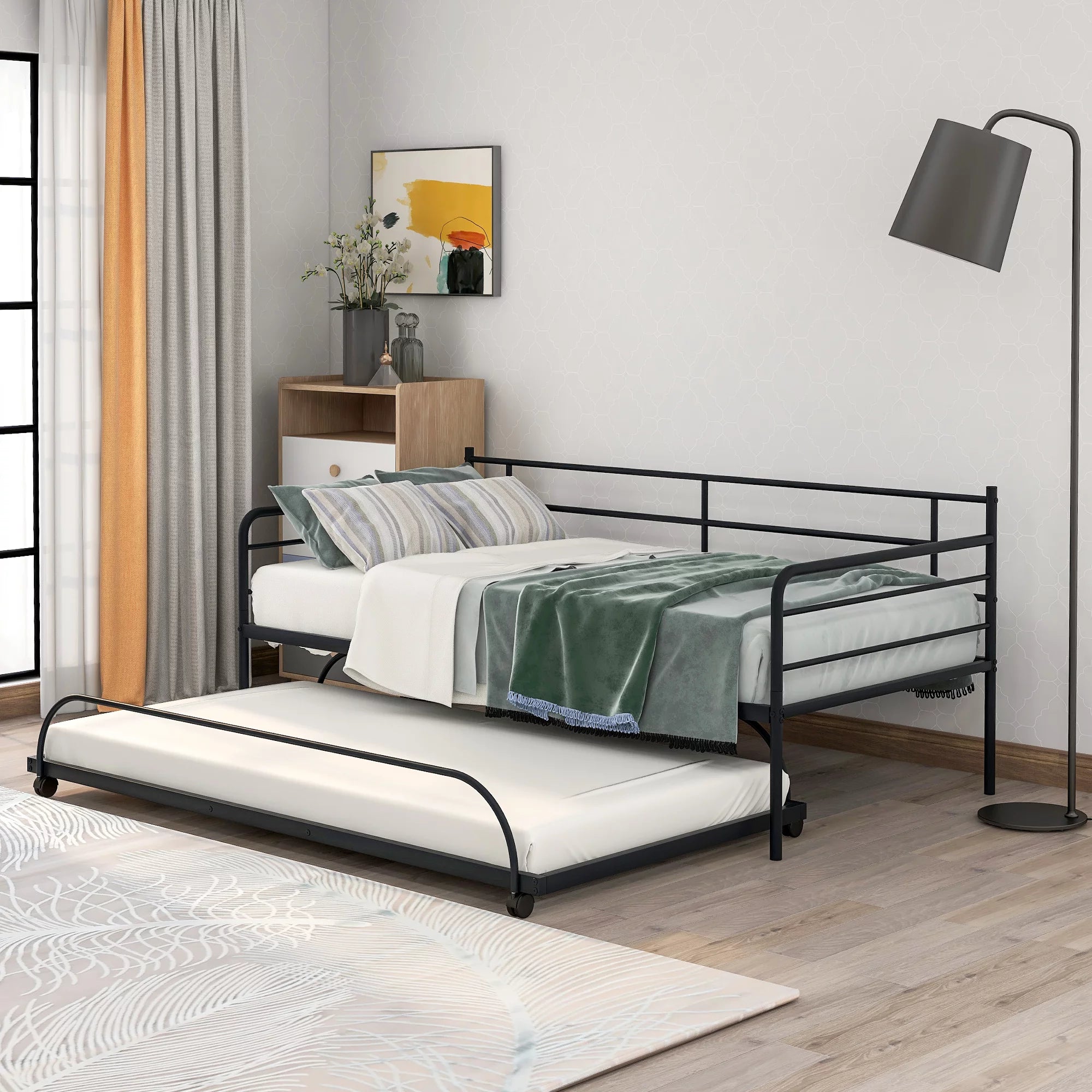 ENYOPRO Premium Daybed Metal Bed Frame, Twin Size Bed with Trundle, Daybed and Roll Out Trundle for Kids Room Guest Room Apartment, Easy Assembly, Mattresses Sold Separately, K213