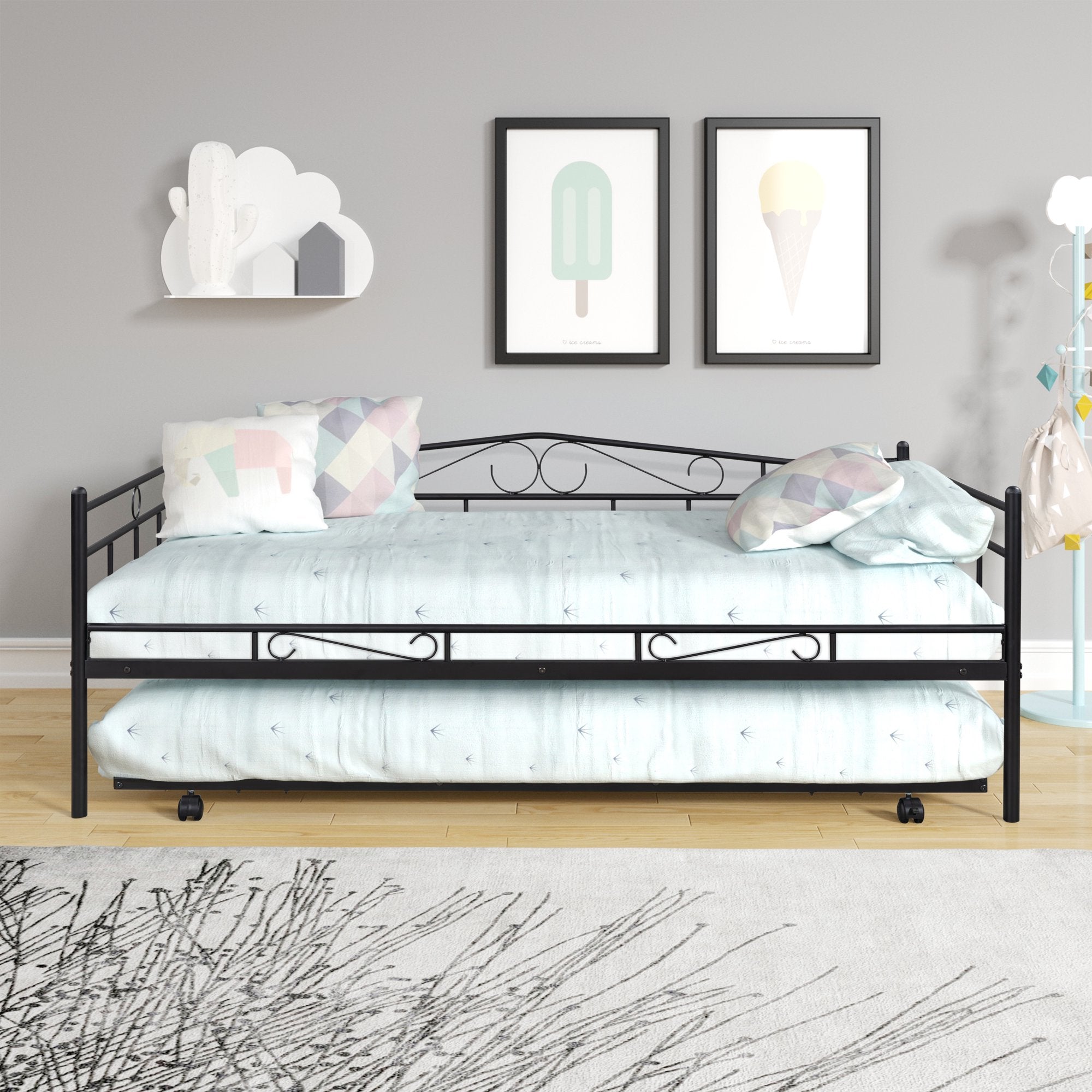 ENYOPRO Premium Daybed Metal Bed Frame, Twin Size Bed with Trundle, Daybed and Roll Out Trundle for Kids Room Guest Room Apartment, Easy Assembly, Mattresses Sold Separately, K213