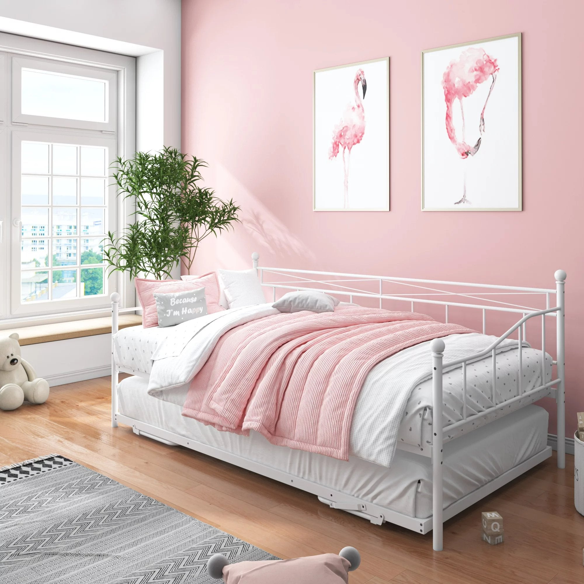 ENYOPRO Premium Daybed Metal Bed Frame, Twin Size Bed with Trundle, Daybed and Roll Out Trundle for Kids Room Guest Room Apartment, Easy Assembly, Mattresses Sold Separately, K213
