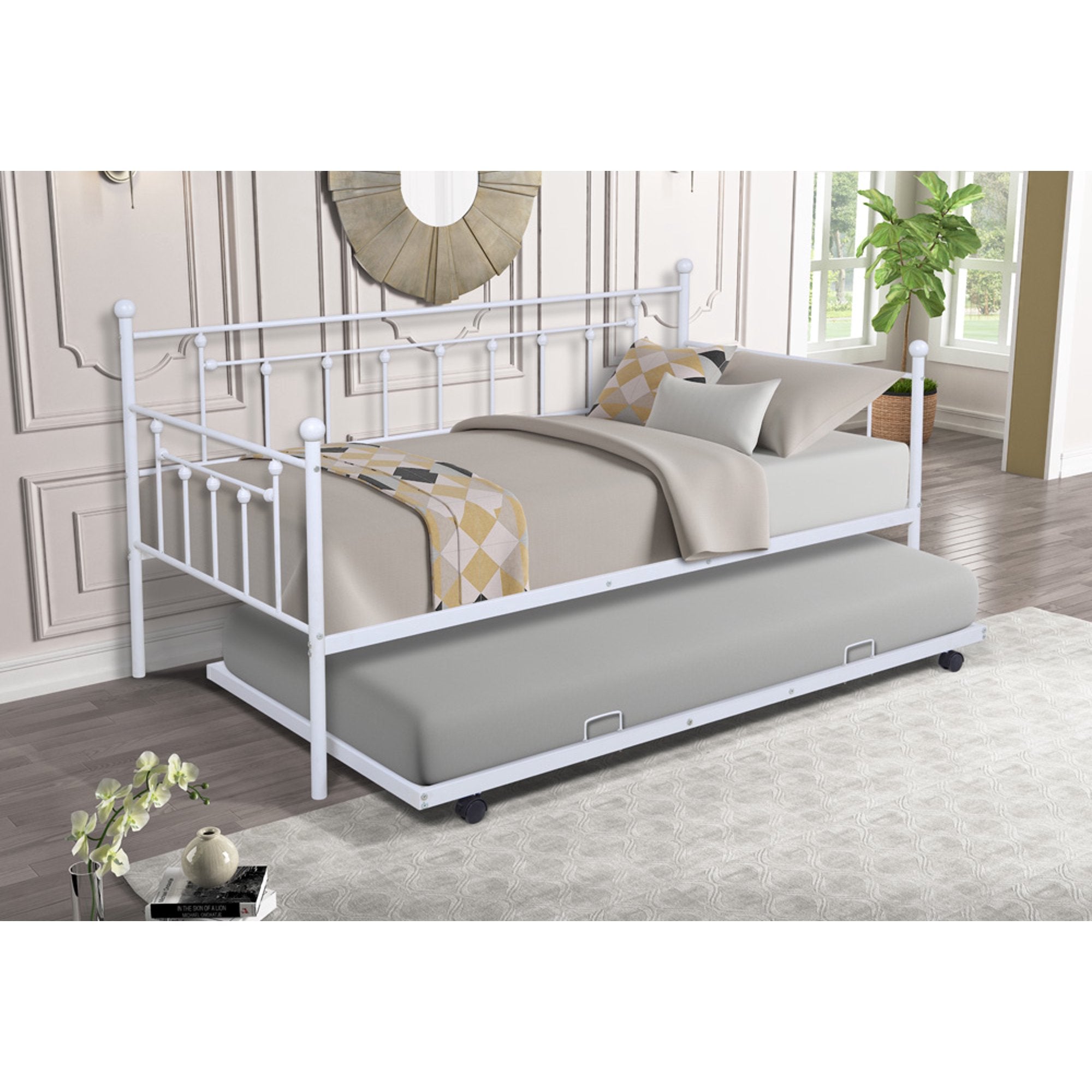 ENYOPRO Premium Daybed Metal Bed Frame, Twin Size Bed with Trundle, Daybed and Roll Out Trundle for Kids Room Guest Room Apartment, Easy Assembly, Mattresses Sold Separately, K213