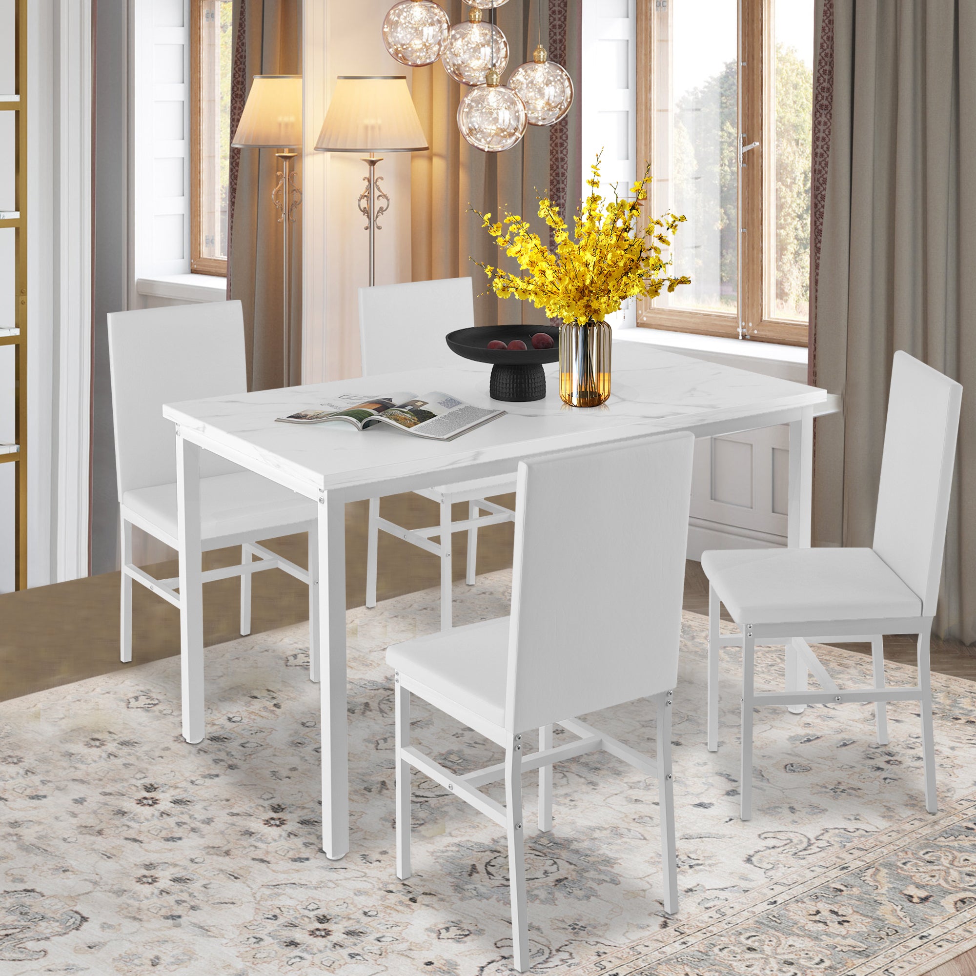 Kitchen Dining Table Set for 4, 5 Piece Dine Set, 30.7" Height Dining Table, 4 PU Soft Chairs, Modern Kitchen Table and Chairs Set, Black Kitchen Sets for Home Restaurant Pub