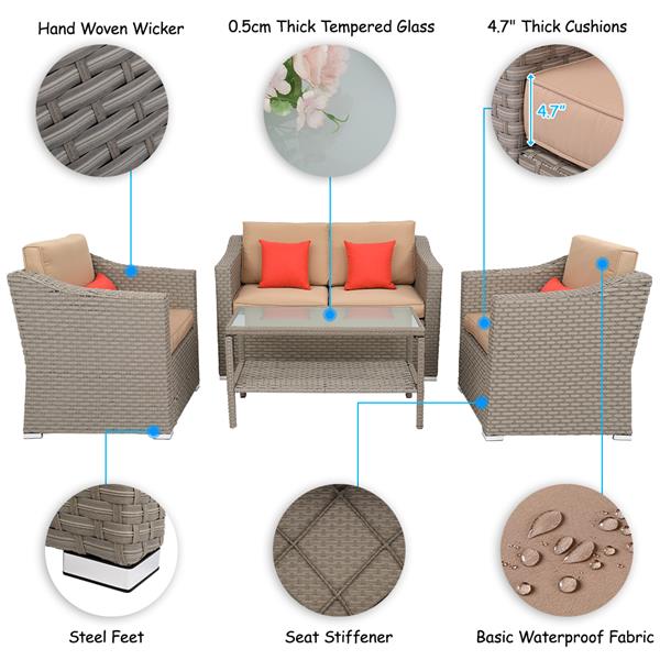 Wide Rattan Double Contiguous Rattan 4-Piece Suit 1 Double 2 Single 1 Double Coffee Table Gray