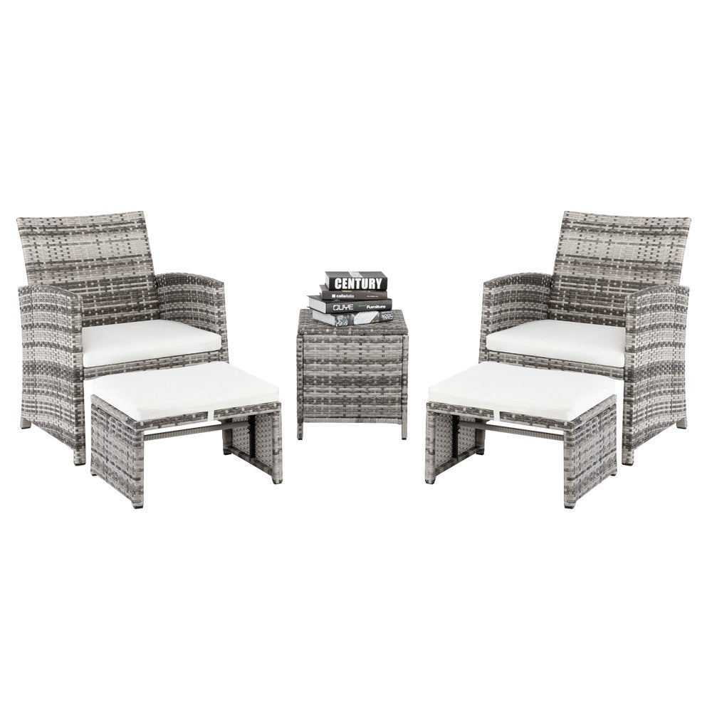 5 Pieces Outdoor Rattan Conversation Sets, Accent Chair with Ottoman Set, Patio Furniture Set with Arm Lounge Chair, Coffee Table and Ottomans for Living Room, Garden, Balcony, Backyard, TR03