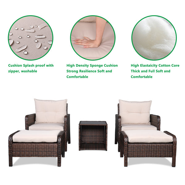 Five-Piece Rattan Set Brown Gradient 2 Single Sofas 2 Footstool &1 Coffee Table Round Corner Armrests