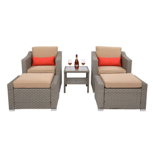 5 Pieces Outdoor Rattan Conversation Sets, Accent Chair with Ottoman Set, Patio Furniture Set with Arm Lounge Chair, Coffee Table and Ottomans for Living Room, Garden, Balcony, Backyard, TR03