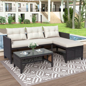 enyopro Outdoor Patio Furniture Sofa Set, 3-Piece All-Weather Wicker Conversation Set, Rattan Combination Furniture with Cushions & Coffee Table, Garden Pool Deck Sectional Sofa Lounge Set, B636