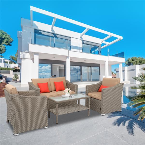 Wide Rattan Double Contiguous Rattan 4-Piece Suit 1 Double 2 Single 1 Double Coffee Table Gray