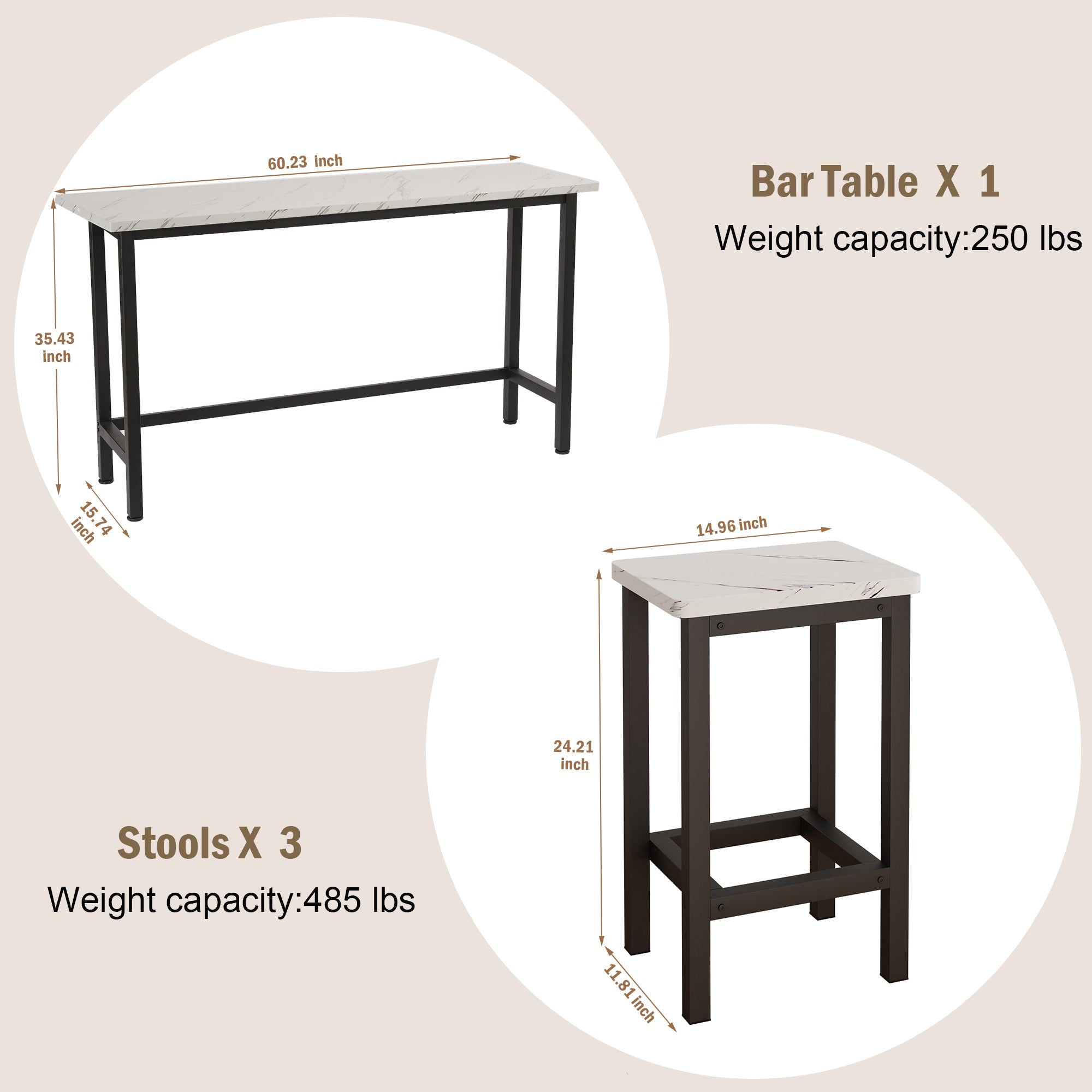 Small Kitchen Table Set for 3, Modern Dining Room Table Set with 3 Stools, Extra Long Bar Table Set, Wooden Pub Table, and Chairs Set, Saving Space Patio Restaurant Bistro Table Set, Brown