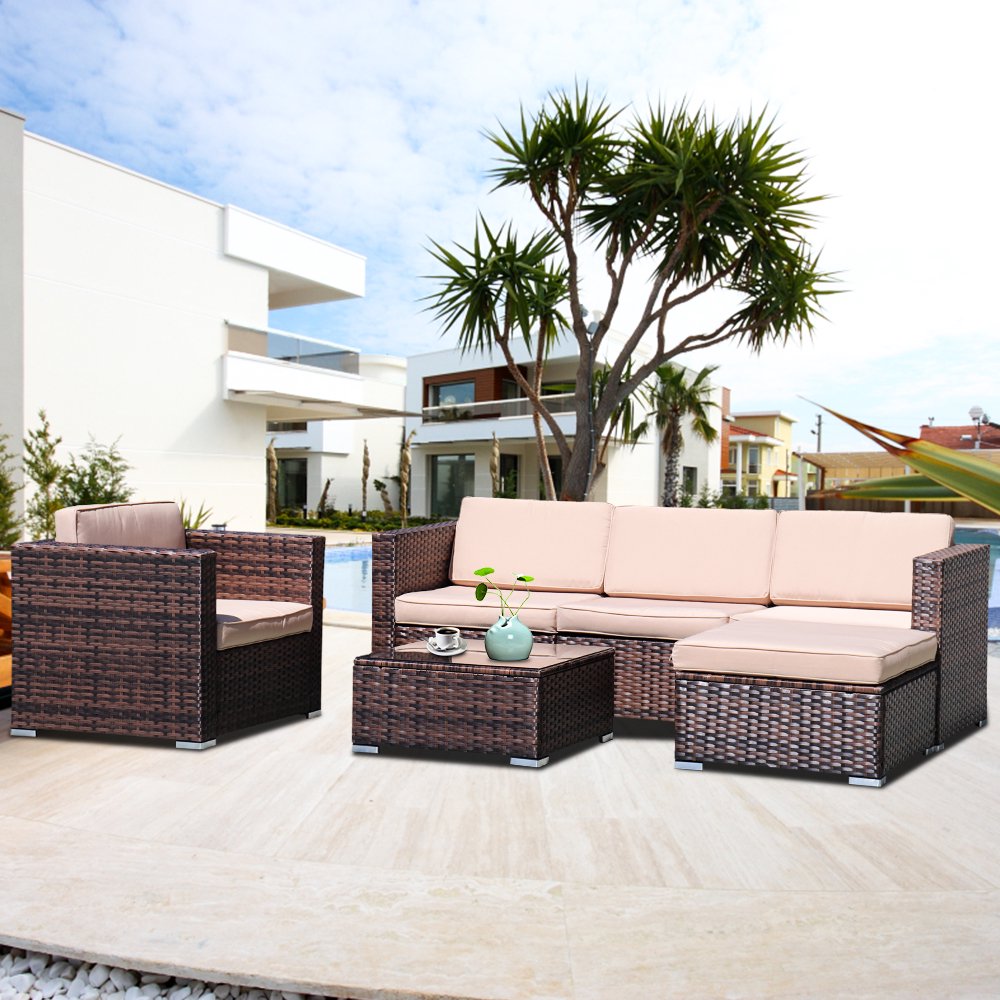 enyopro Outdoor Patio Furniture Sofa Set, 3-Piece All-Weather Wicker Conversation Set, Rattan Combination Furniture with Cushions & Coffee Table, Garden Pool Deck Sectional Sofa Lounge Set, B636