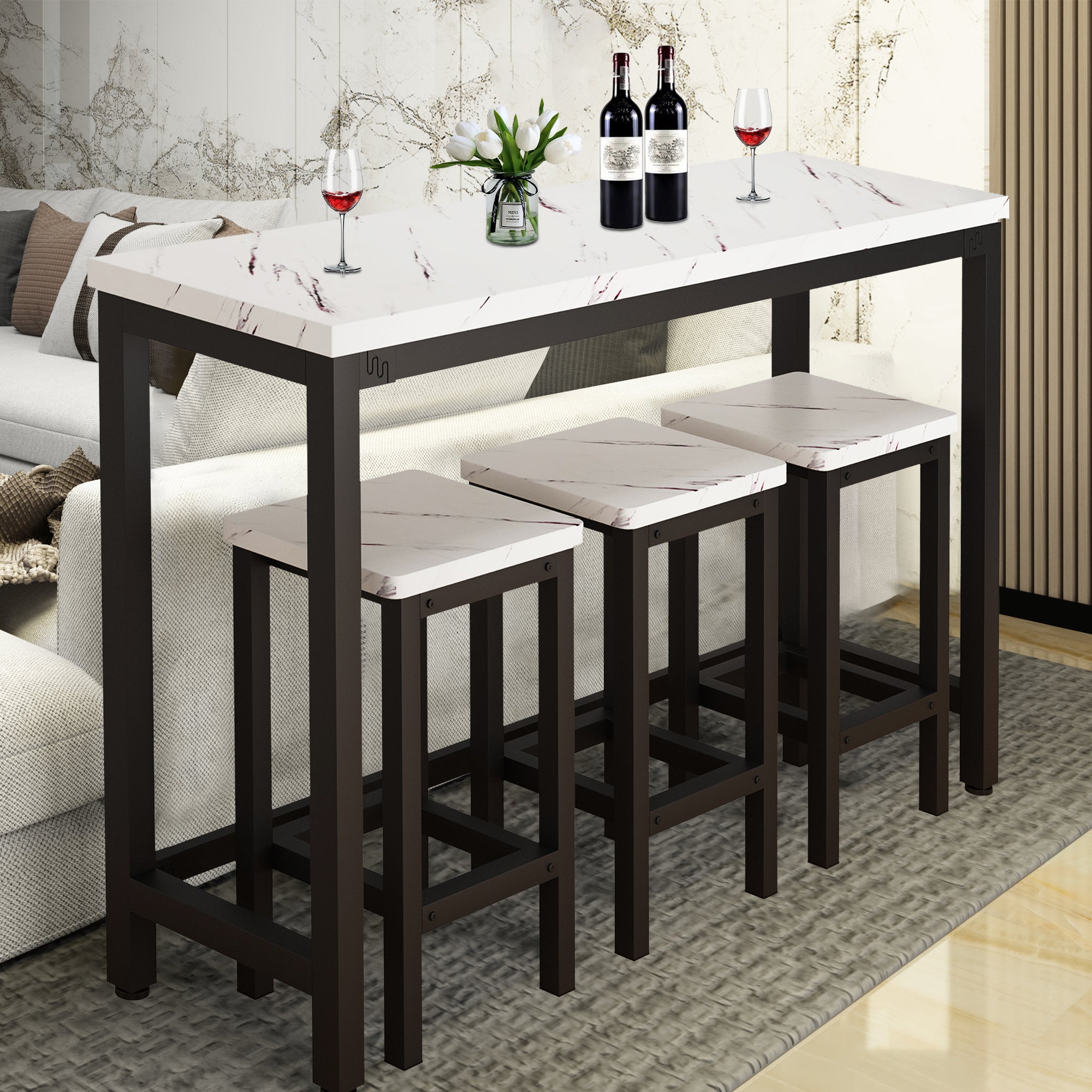 Small Kitchen Table Set for 3, Modern Dining Room Table Set with 3 Stools, Extra Long Bar Table Set, Wooden Pub Table, and Chairs Set, Saving Space Patio Restaurant Bistro Table Set, Brown