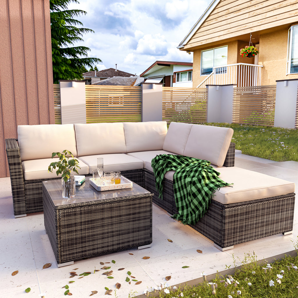 Outdoor Rattan Conversation Set, 4 Pieces Wicker Chairs Set, Outdoor Seating Set with Soft Cushions & Tempered Glass Coffee Table, Outdoor Patio Chairs for Deck Balcony Lawn