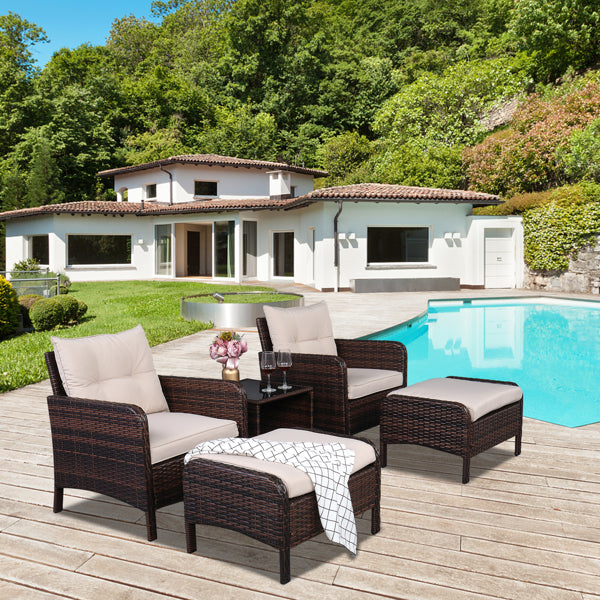 Five-Piece Rattan Set Brown Gradient 2 Single Sofas 2 Footstool &1 Coffee Table Round Corner Armrests