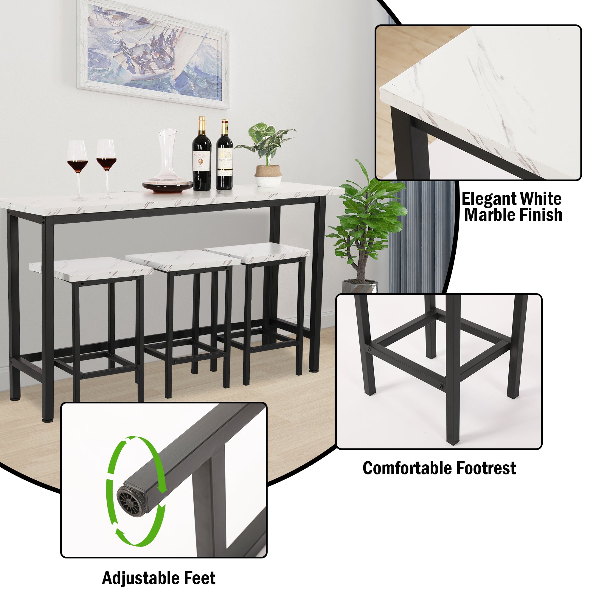 Small Kitchen Table Set for 3, Modern Dining Room Table Set with 3 Stools, Extra Long Bar Table Set, Wooden Pub Table, and Chairs Set, Saving Space Patio Restaurant Bistro Table Set, Brown