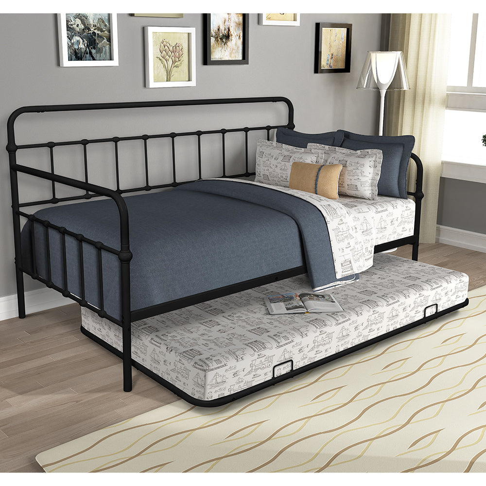 Premium Daybed Metal Bed Frame, Twin Size Bed with Trundle, Daybed and Roll Out Trundle for Kids Room Guest Room Apartment, Easy Assembly, Mattresses Sold Separately - Black