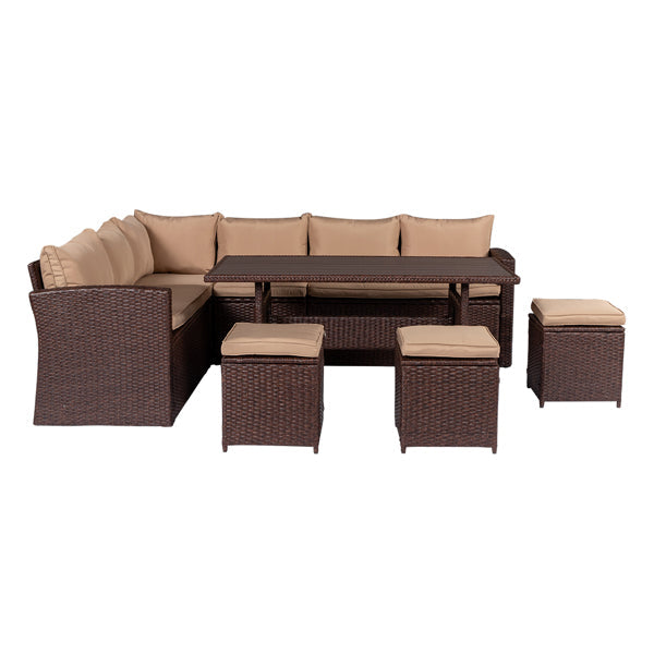 Eight-Piece Set Outdoor Rattan Dining Table And Chair Brown Wood Grain Rattan