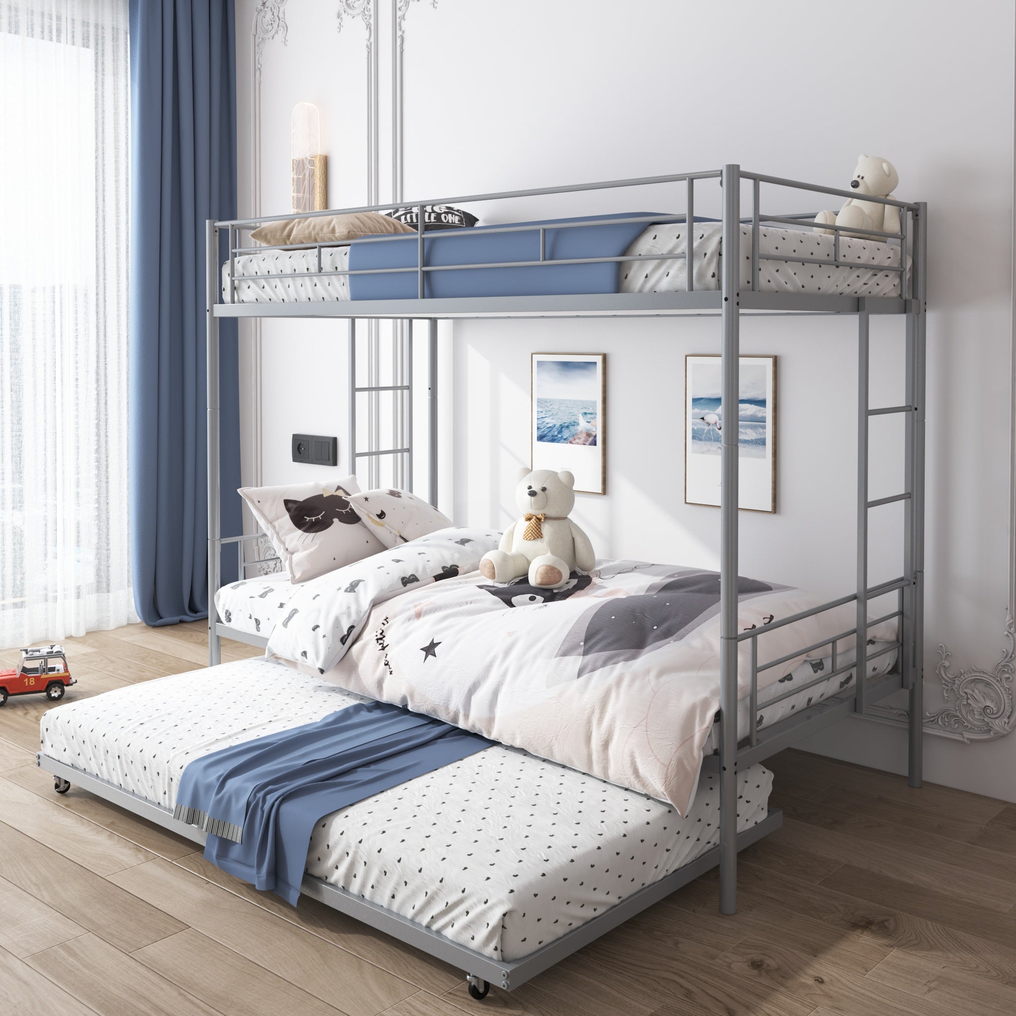 Bunk Bed with Roll Out Trundle Bed Frame, Metal Bunk Bed can be Divided into Two Twin Beds, Trundle Twin Bunk Bed with Ladders and Guardrails for Guest Room, Space Saving Bedroom Furniture