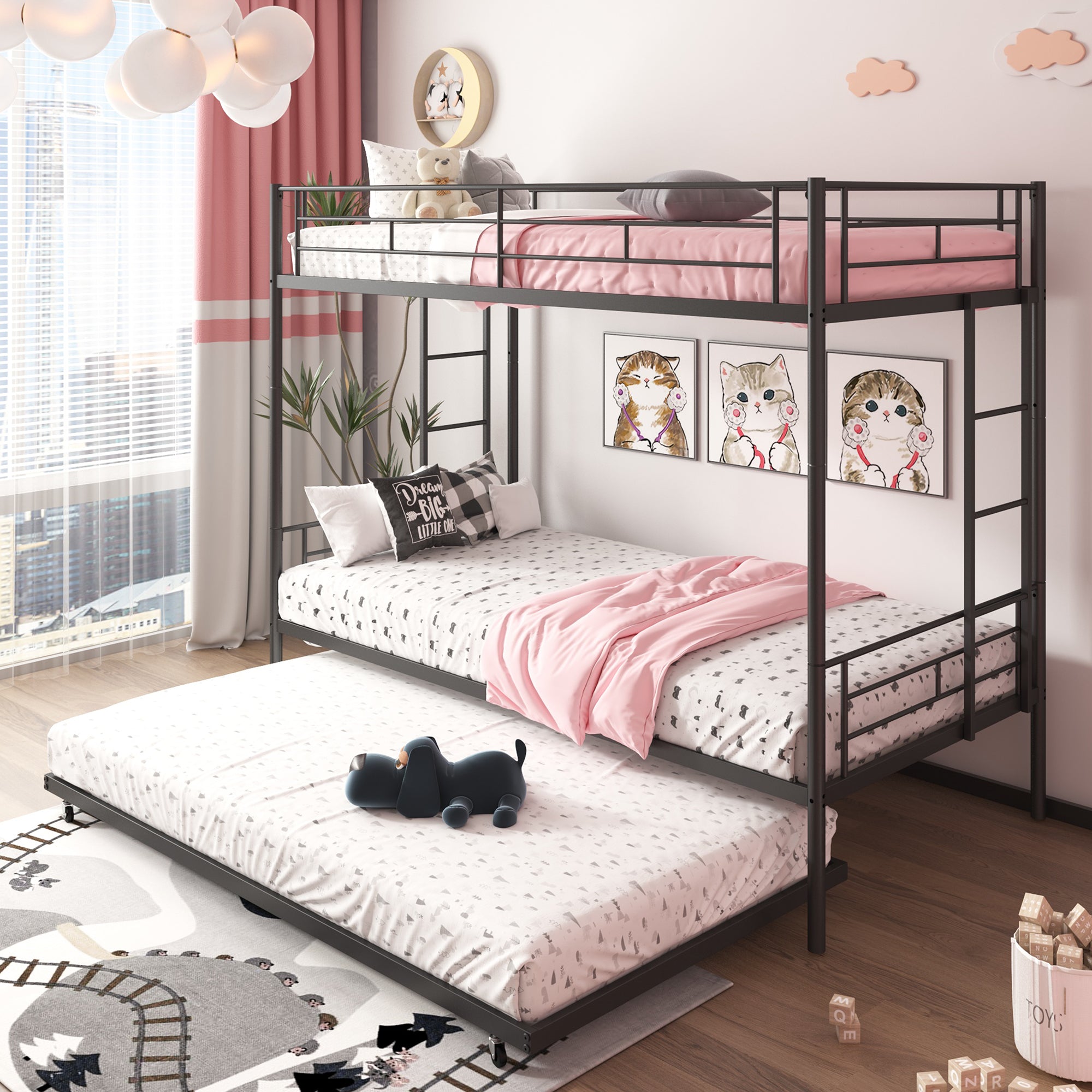 Bunk Bed with Roll Out Trundle Bed Frame, Metal Bunk Bed can be Divided into Two Twin Beds, Trundle Twin Bunk Bed with Ladders and Guardrails for Guest Room, Space Saving Bedroom Furniture