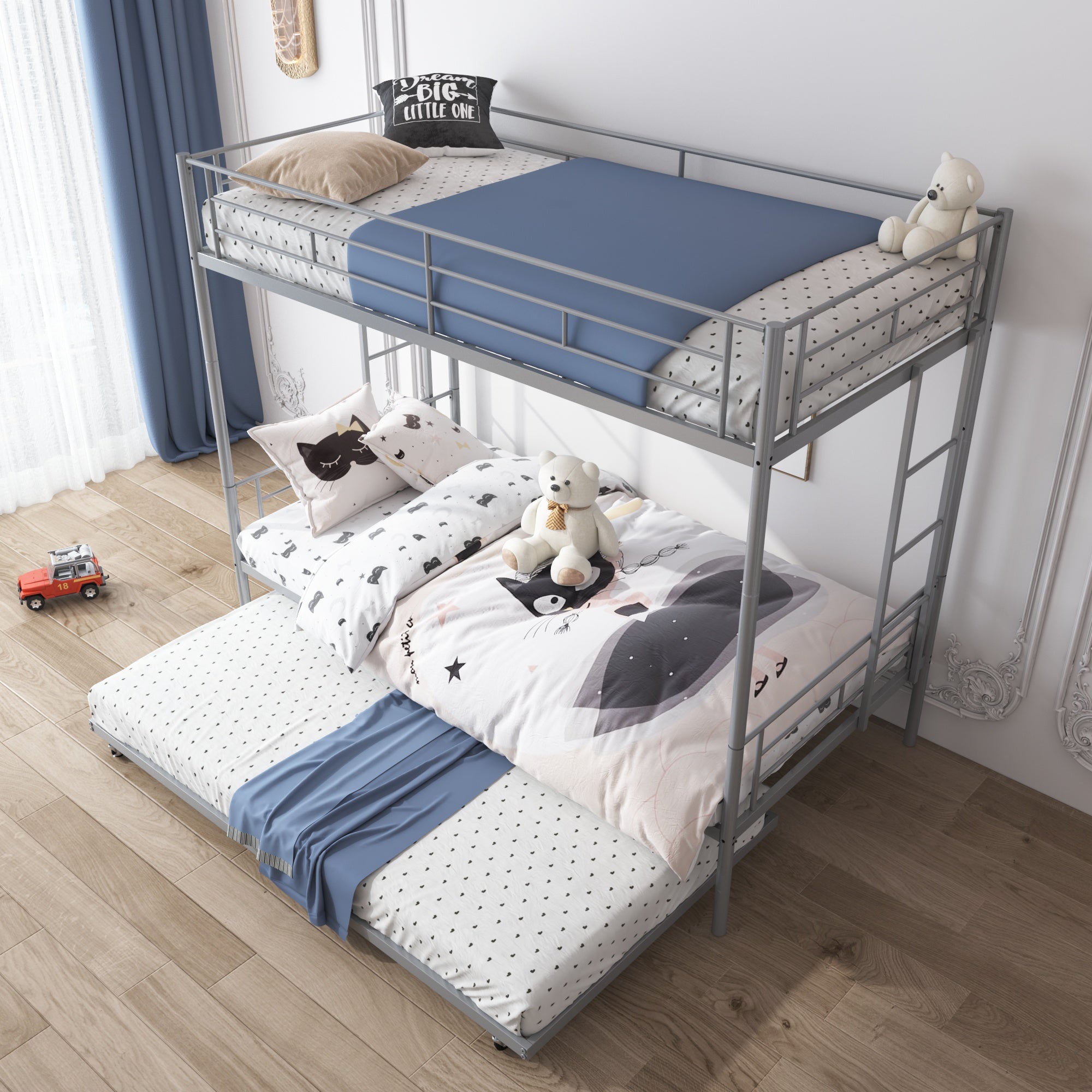 Bunk Bed with Roll Out Trundle Bed Frame, Metal Bunk Bed can be Divided into Two Twin Beds, Trundle Twin Bunk Bed with Ladders and Guardrails for Guest Room, Space Saving Bedroom Furniture, K86