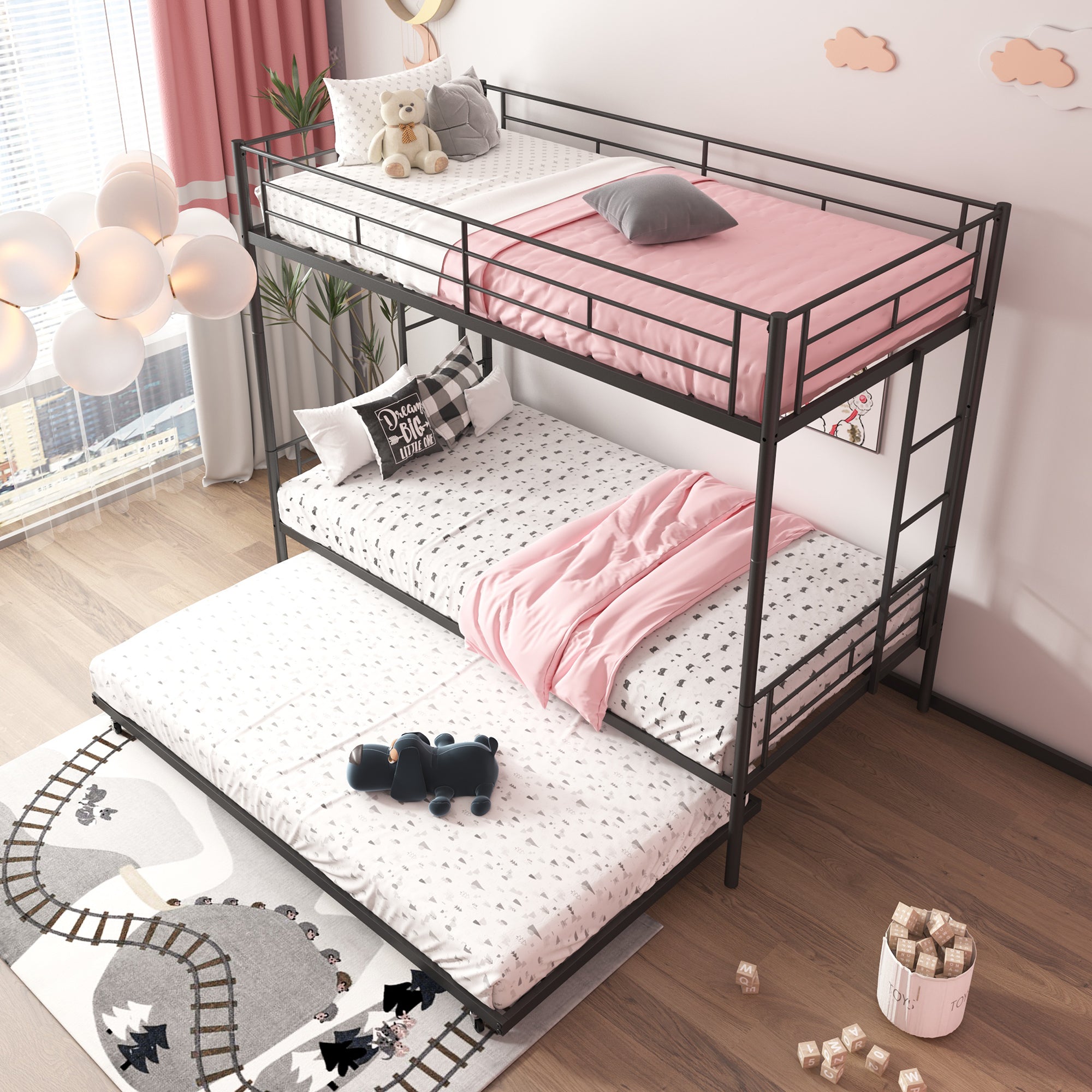 Bunk Bed with Roll Out Trundle Bed Frame, Metal Bunk Bed can be Divided into Two Twin Beds, Trundle Twin Bunk Bed with Ladders and Guardrails for Guest Room, Space Saving Bedroom Furniture, K86