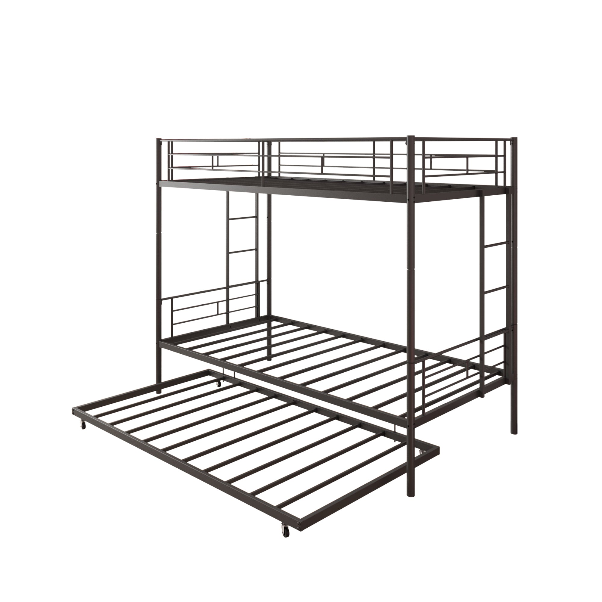 Bunk Bed with Roll Out Trundle Bed Frame, Metal Bunk Bed can be Divided into Two Twin Beds, Trundle Twin Bunk Bed with Ladders and Guardrails for Guest Room, Space Saving Bedroom Furniture