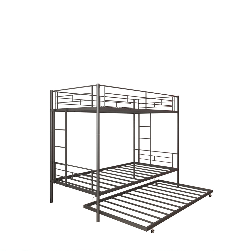 Bunk Bed with Roll Out Trundle Bed Frame, Metal Bunk Bed can be Divided into Two Twin Beds, Trundle Twin Bunk Bed with Ladders and Guardrails for Guest Room, Space Saving Bedroom Furniture, K86
